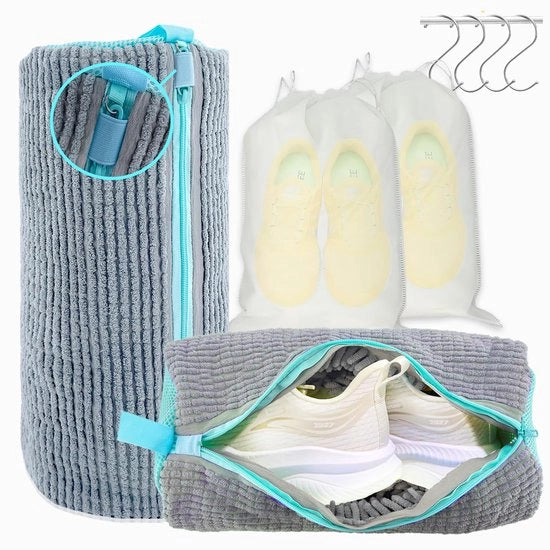 Sacco per scarpe XXL - 2-pack, sacchi per scarpe riutilizzabili, pulizia 360° per sneaker, scarpe sportive, bambini, inclusi 2 sacchi impermeabili, 4 ganci S (grigio)