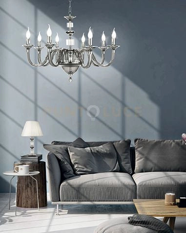 LAMPADARIO GALA 8 LUCI ATTACCO E14 FUME' E CROMO D.82CM