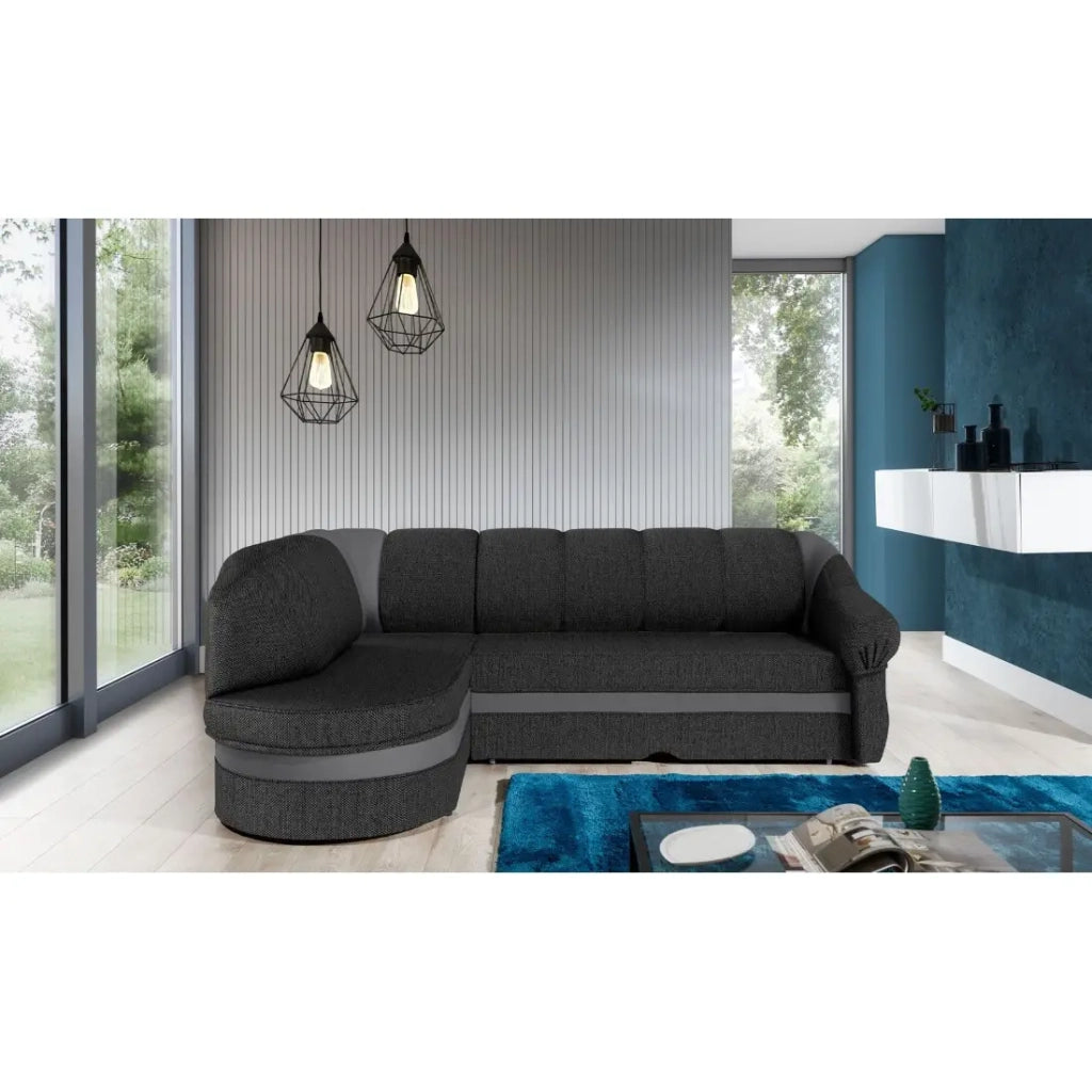 Divano angolare sinistro convertibile BENANA 250 cm grigio scuro e nero con contenitore