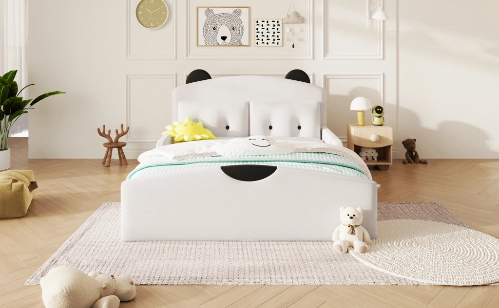 Letto per bambini 140 × 200 cm con testiera a orsetto imbottita, 2 cuscini decorativi, senza materasso, bianco