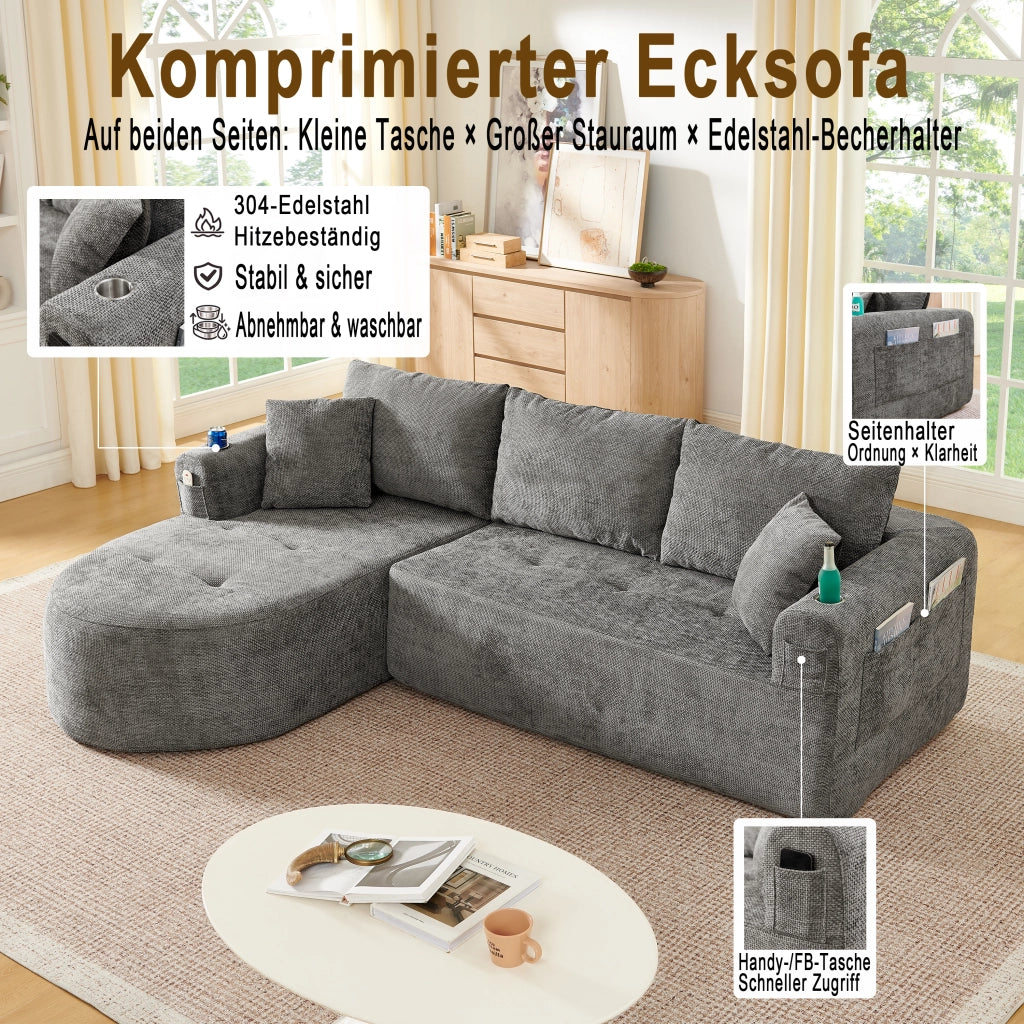 Divano angolare a L con portabicchieri in acciaio inox e tasche laterali, tessuto in lino grigio 255 × 170 × 67 cm