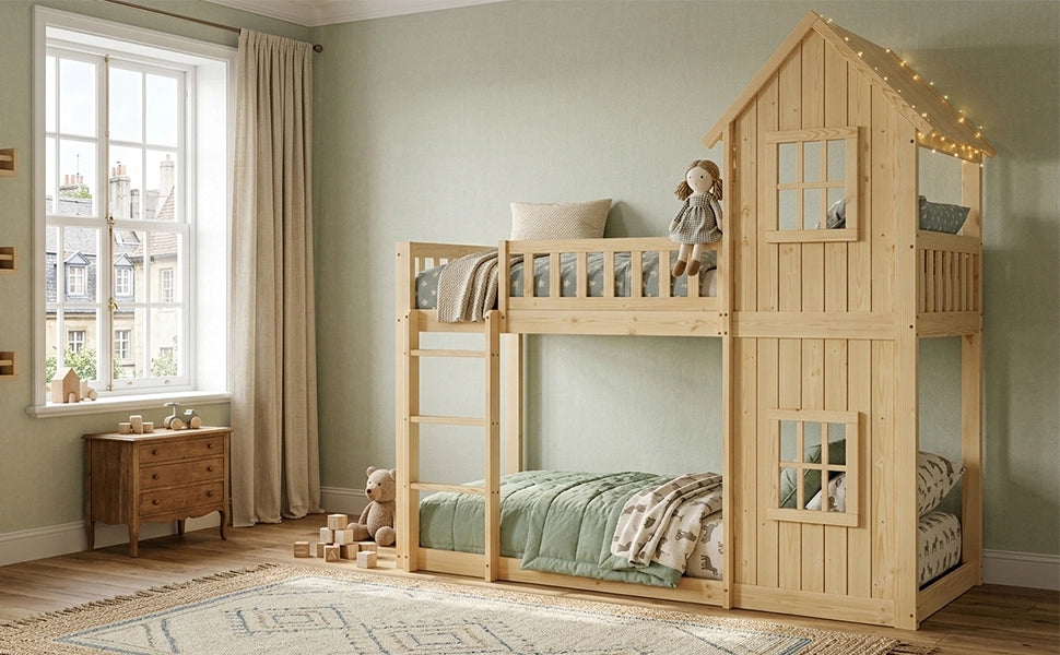 DESMIU Lit superposé per bambini 90 × 200 cm 2 posti con casetta, finestra, scala a 3 gradini, senza materasso, legno naturale