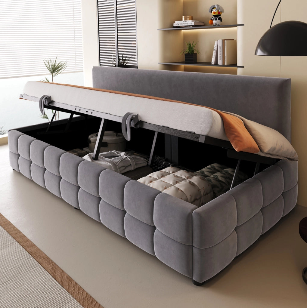 Letto imbottito singolo 90x200 cm con contenitore idraulico; velluto grigio