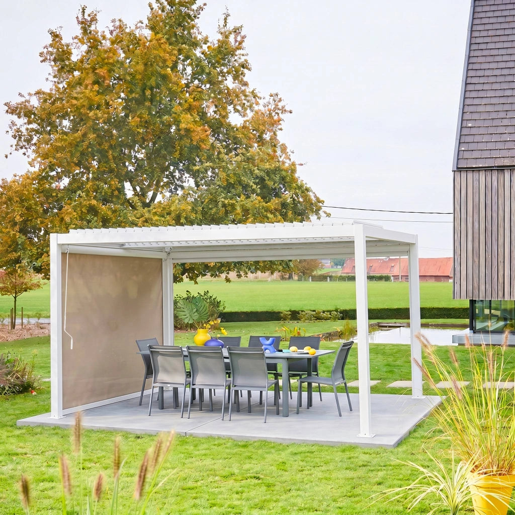 Pergola bioclimatica 3x4m in alluminio e acciaio  + tenda 3m, bianco