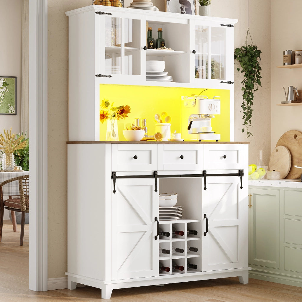 Credenza Alta da Cucina con Ante in Vetro; Ripiani Regolabili e LED; per Cucina; Bianca; 105x38;4x180 cm