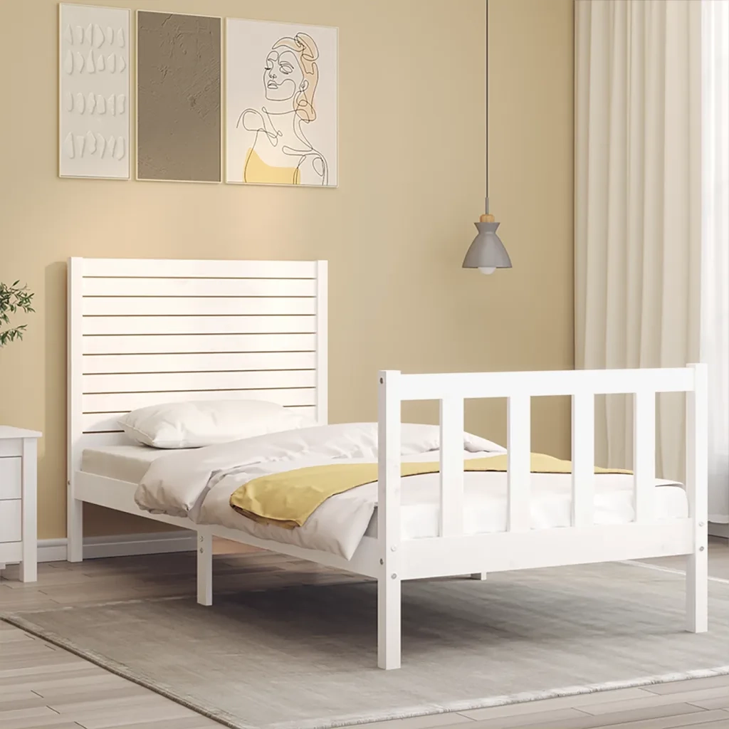 Giroletto con Testiera-Struttura Letto con testiera Bianco Single in Legno Massello 315186
