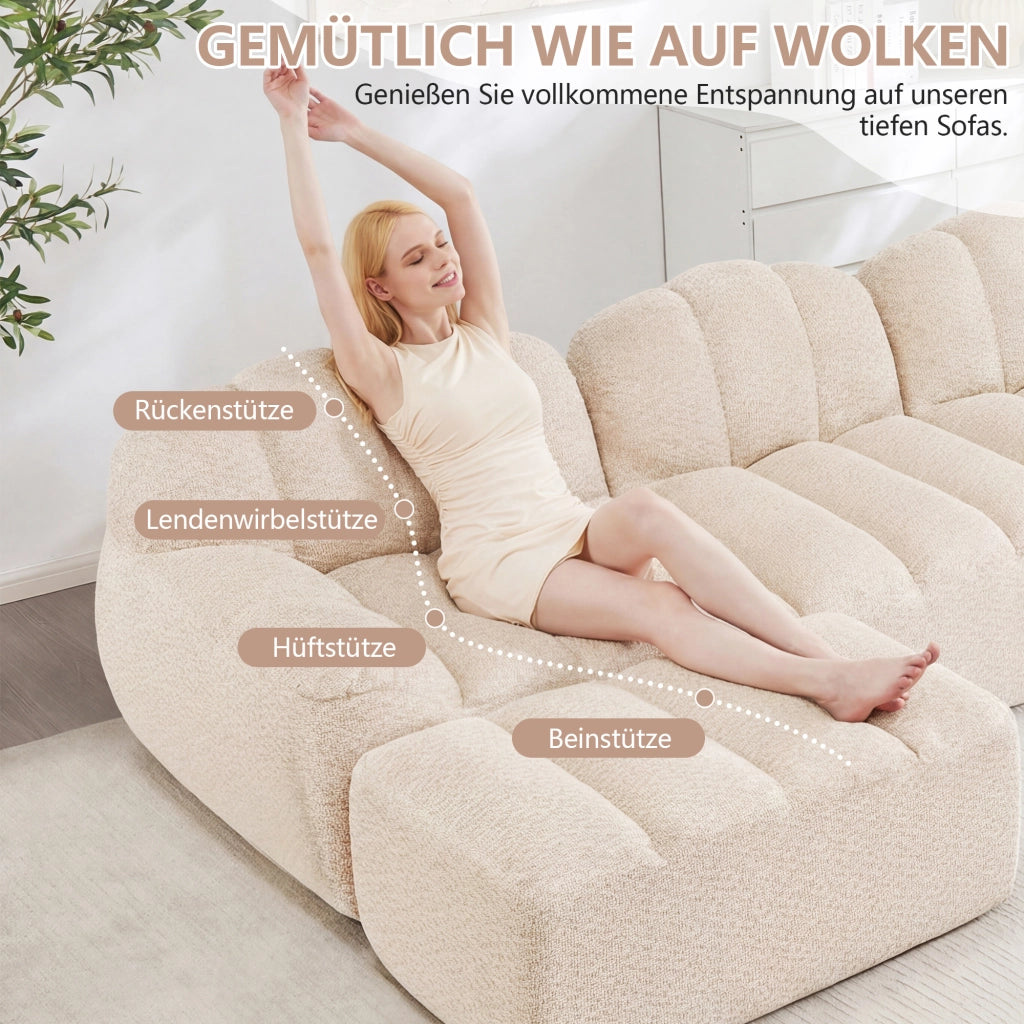 Divano modulare con 2 ottomani, forma ergonomica in pile granulato beige bianco per soggiorno e appartamento
