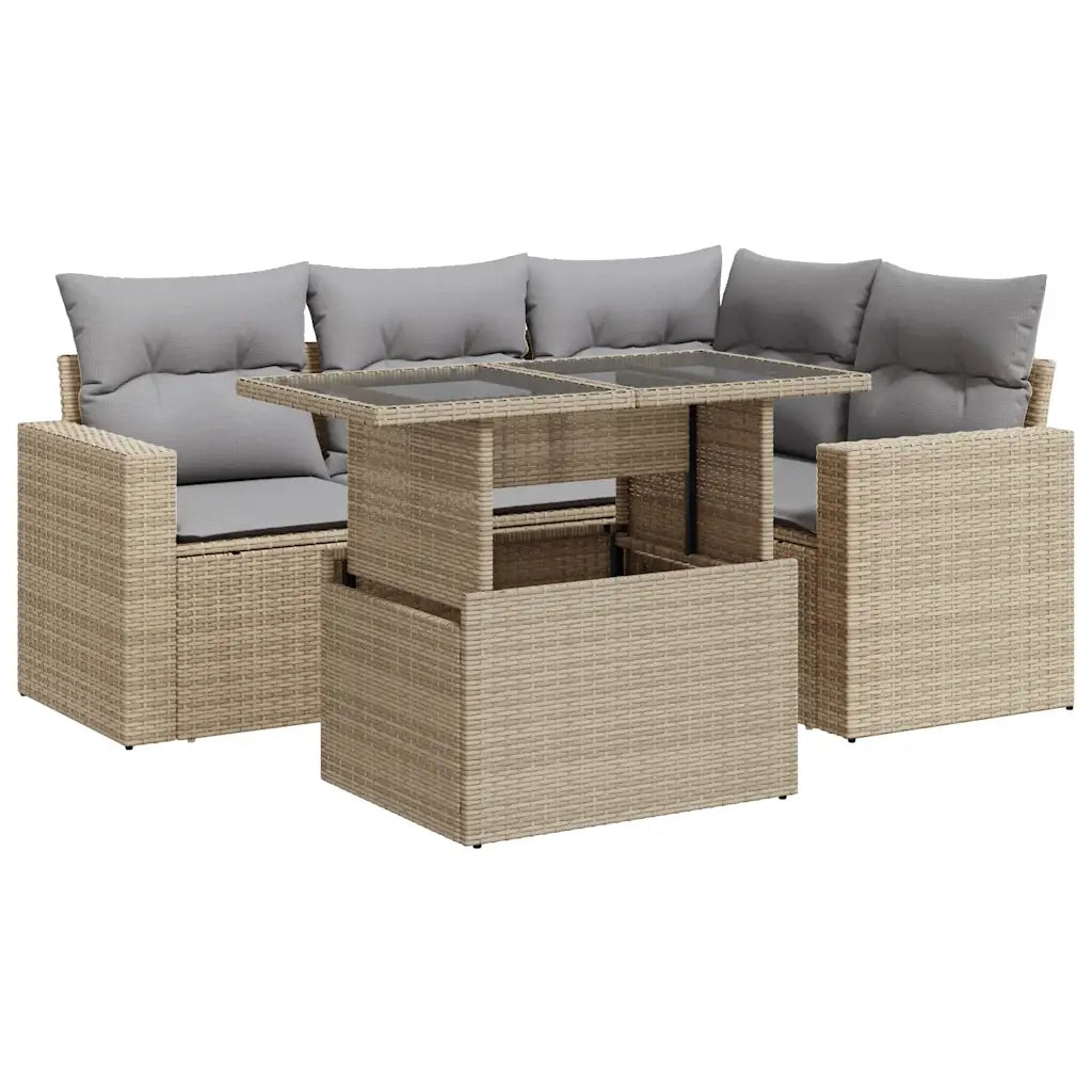 Set Divano da Giardino 5 pz con Cuscini Beige in Polyrattan