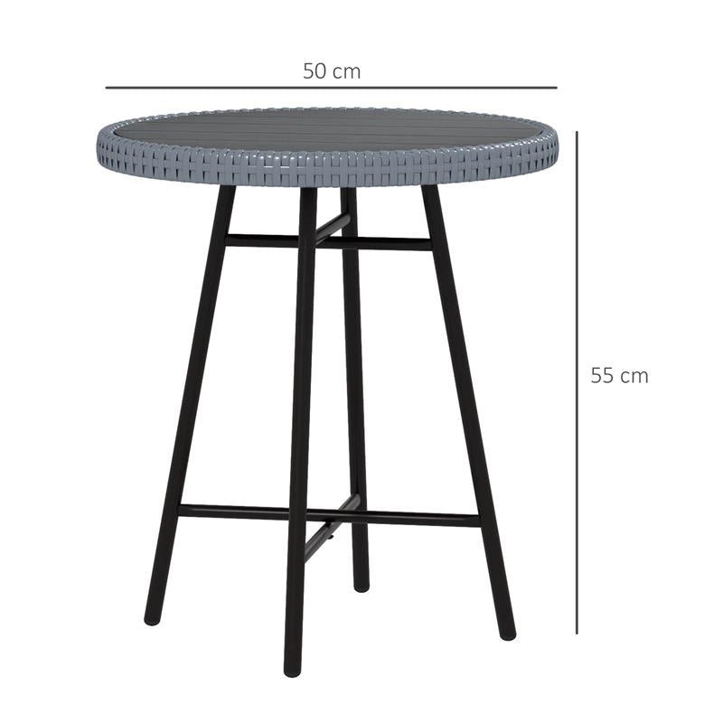 TAVOLINO DA GIARDINO MODERNO CON PIANO IN PLASTICA DI LEGNO, IN RATTAN E ACCIAIO, 50X50X55 CM, GRIGIO E NERO