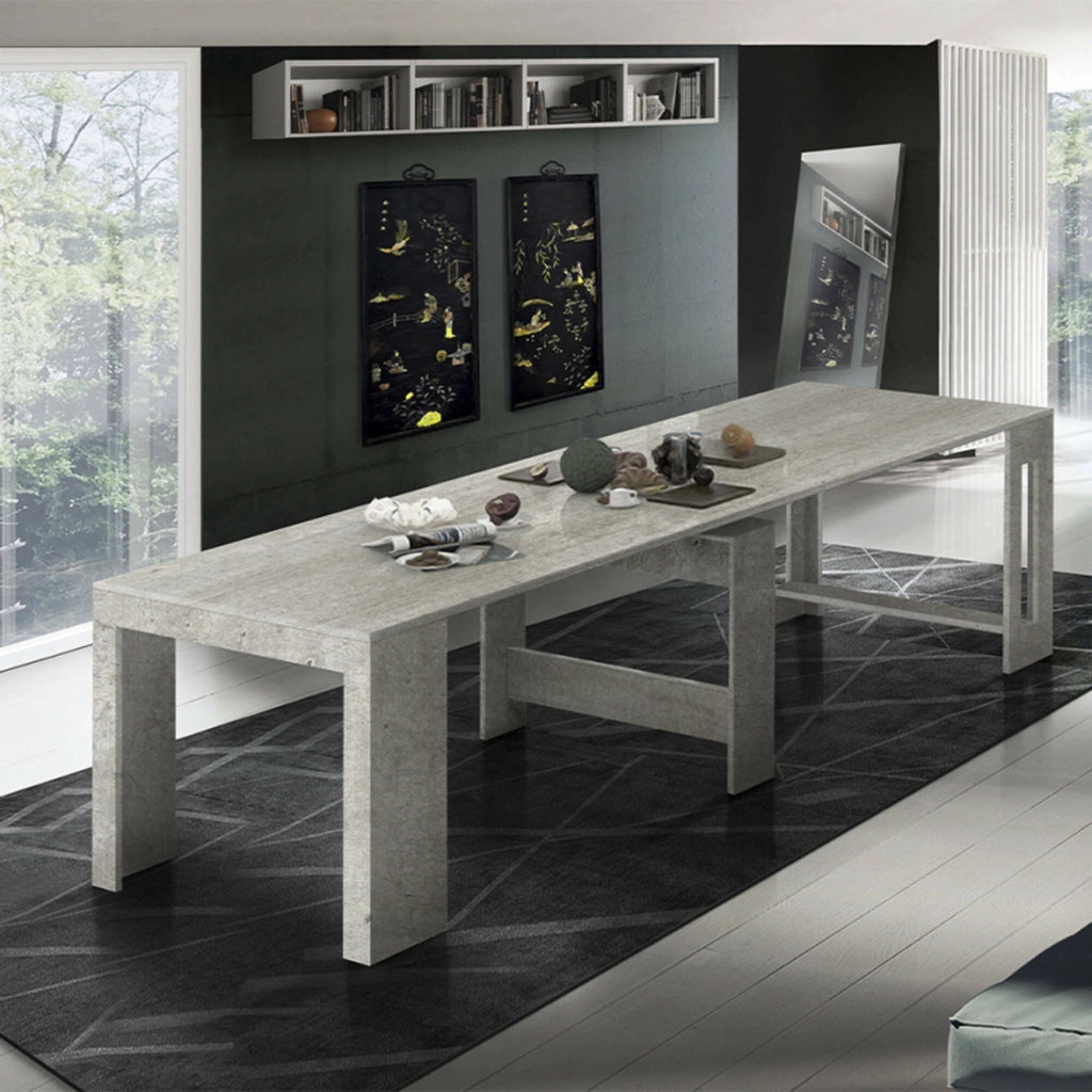 Tavolo da pranzo Anello, Made in Italy, Consolle allungabile fino a 12 posti, con portallunghe, cm 51/300x90h77 Cemento