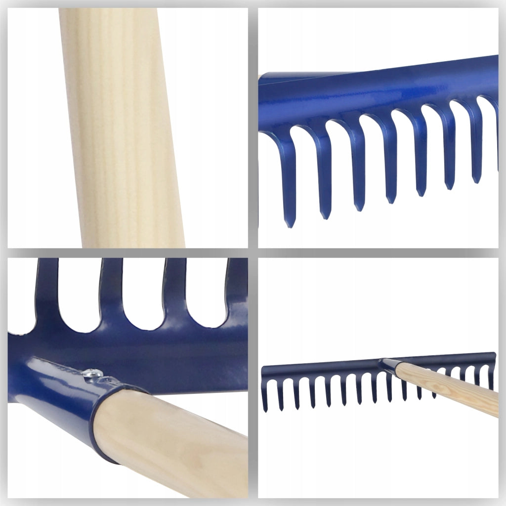 Rastrello da giardino KADAX con manico in legno, lunghezza 150 cm, denti in acciaio temprato, 16 denti.