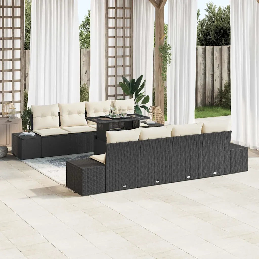 Set Divano da Giardino 9 pcs Nero e Crema polyrattan