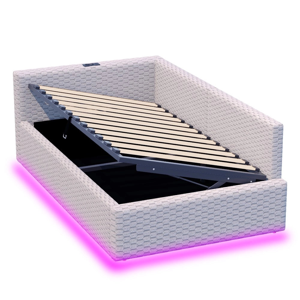 Letto Imbottito 90x200 con LED e USB ¨C Xylo ¨C Velluto Grigio, Testiera L, Idraulico