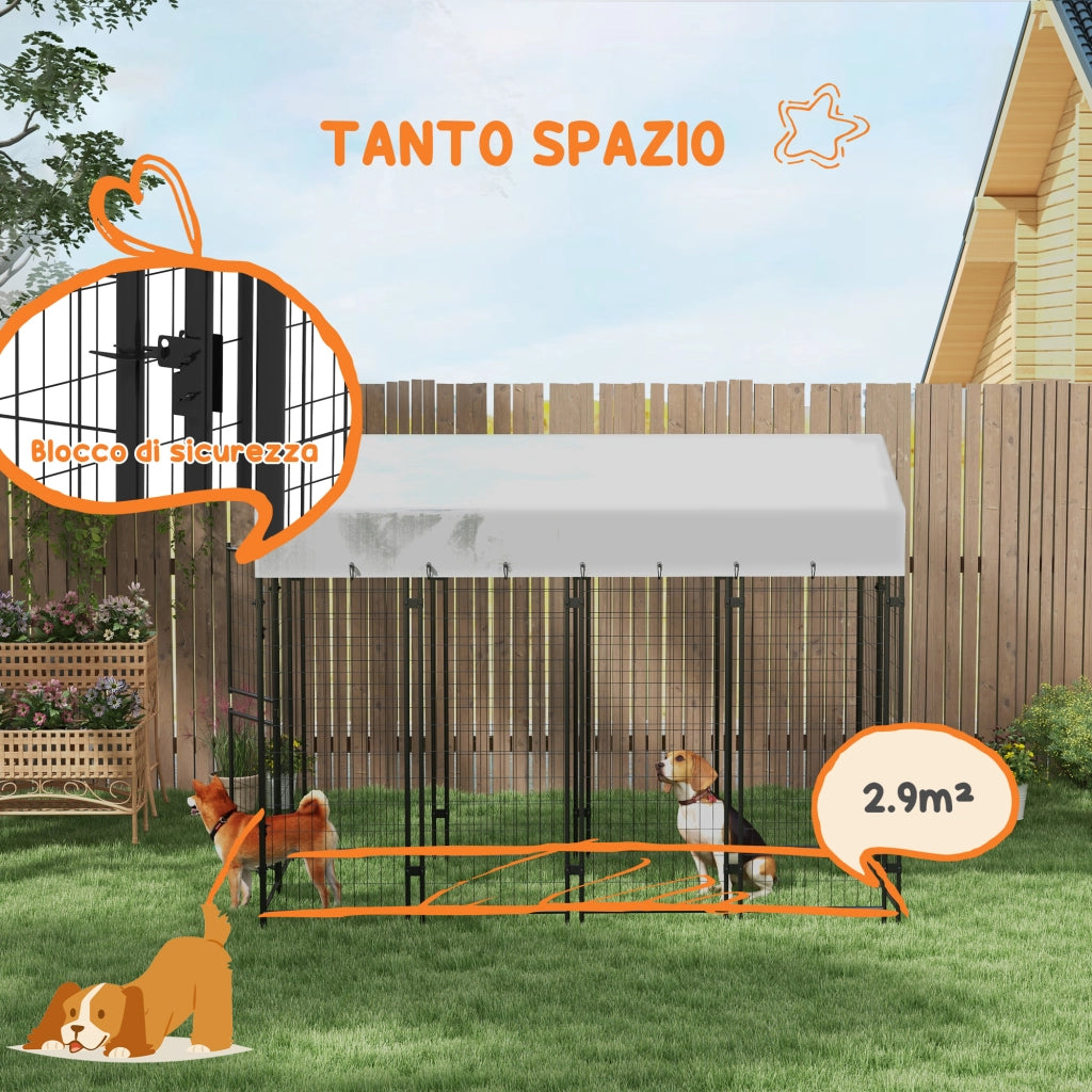 Recinto per Cani da Esterno con Tetto ¨C Xylo ¨C Metallo Argento 239x121x183cm