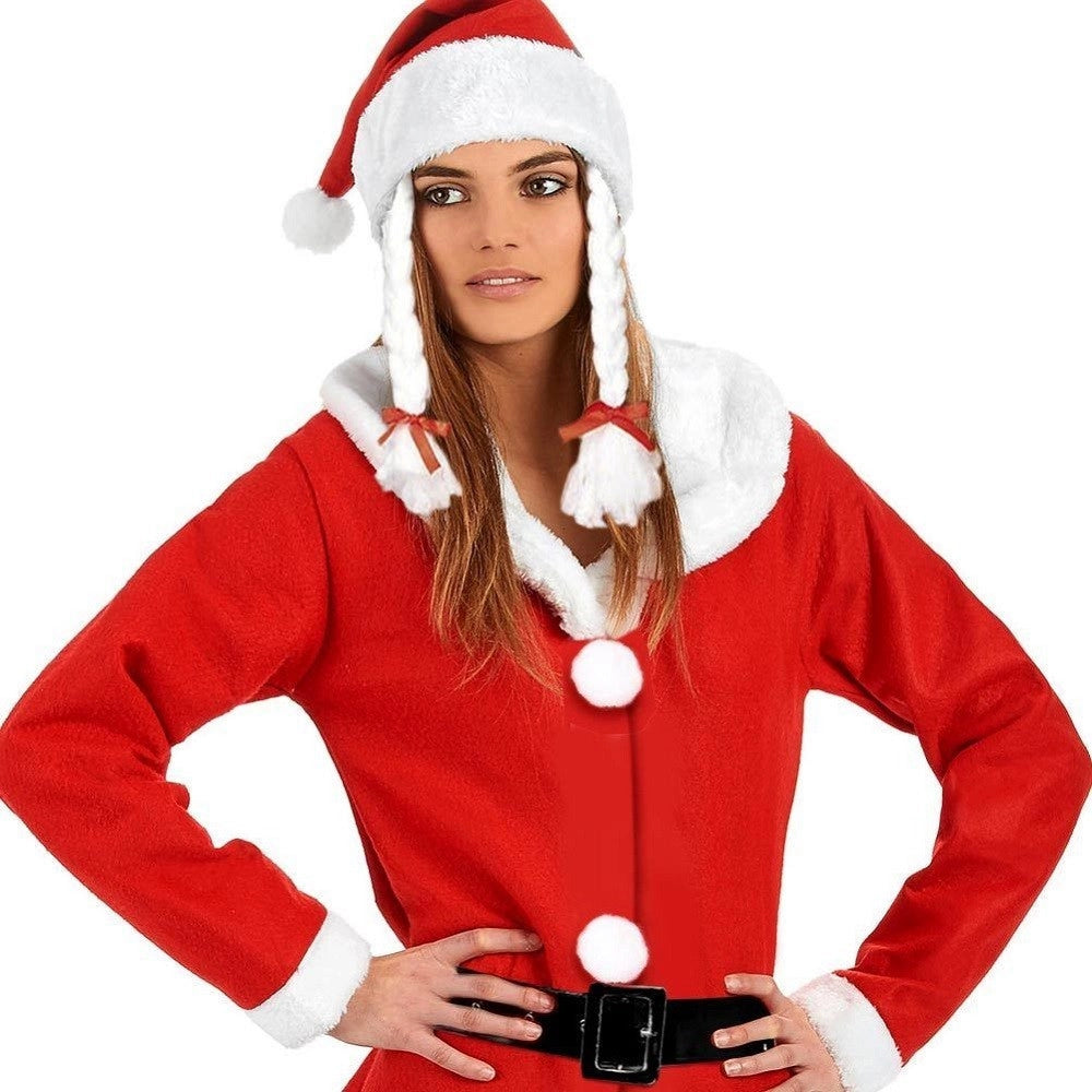 Trade Shop - Vestito Babbo Natale Donna Mamma Natale Colore Rosso Cappello Con Trecce -