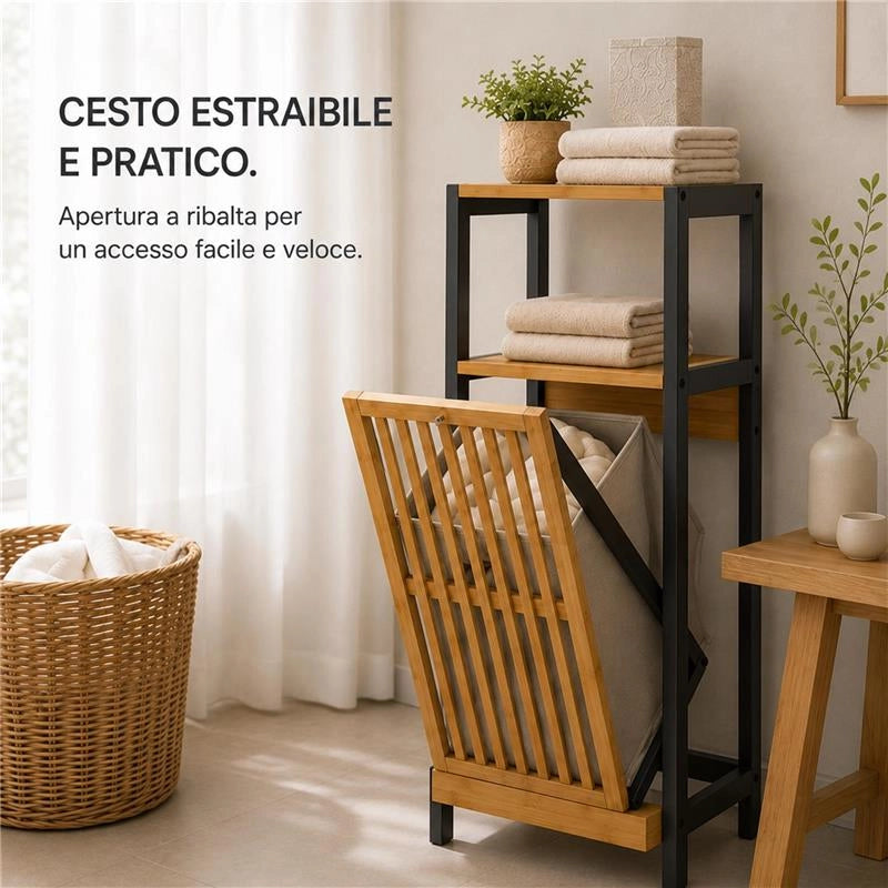 MOBILE DA BAGNO IN LEGNO CON ANTA, RIPIANO IN BAMBOO E PORTABIANCHERIA IN TESSUTO - COLORE NERO DIMENSIONI 36X33X98 CM