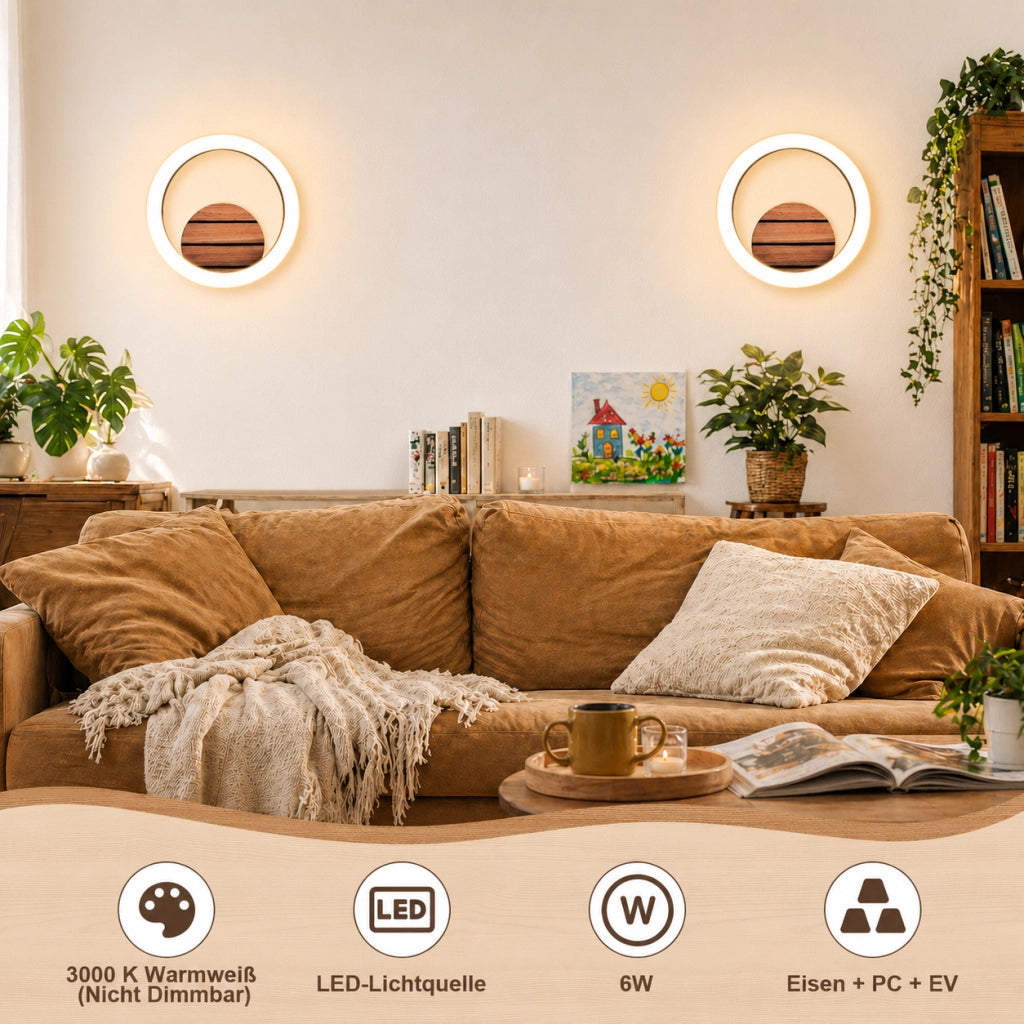 ZMH Lampada da Parete LED Interni 20cm Moderna Rotonda 6W 3000K Legno Effetto Indiretta per Corridoio Soggiorno Camera