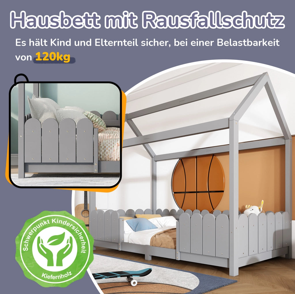 Letto a casetta per bambini 90x200 cm in legno grigio con sponde e rete a doghe