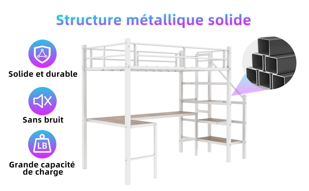 Letto a soppalco con scrivania a L da 90x190 cm e ampio spazio di stoccaggio
