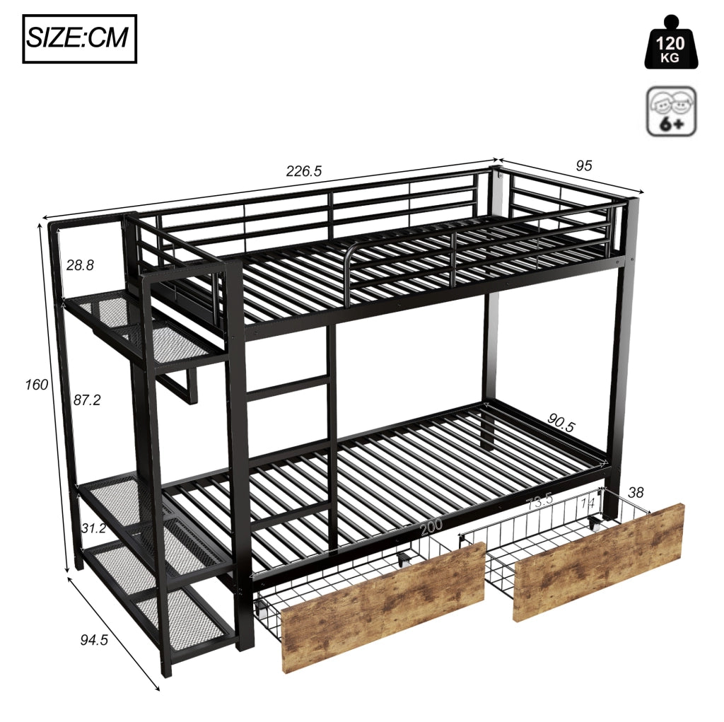 Letto a castello 90x200 cm in metallo e MDF con LED; 2 cassetti; ripiani e barra appendiabiti; nero