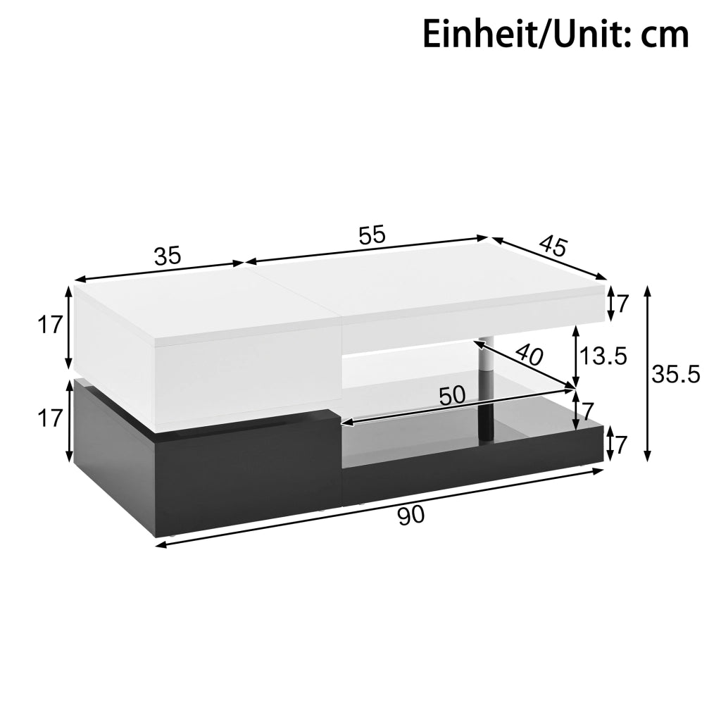 Tavolino da salotto moderno con LED; controllo APP e Bluetooth; 90 x 45 x 35;5 cm; nero e bianco lucido