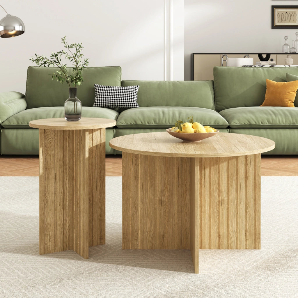 Tavolini da caffè nidificabili rotondi 2 Pezzi con Struttura verticale; Stile Scandinavo; in MDF e PB; Naturale