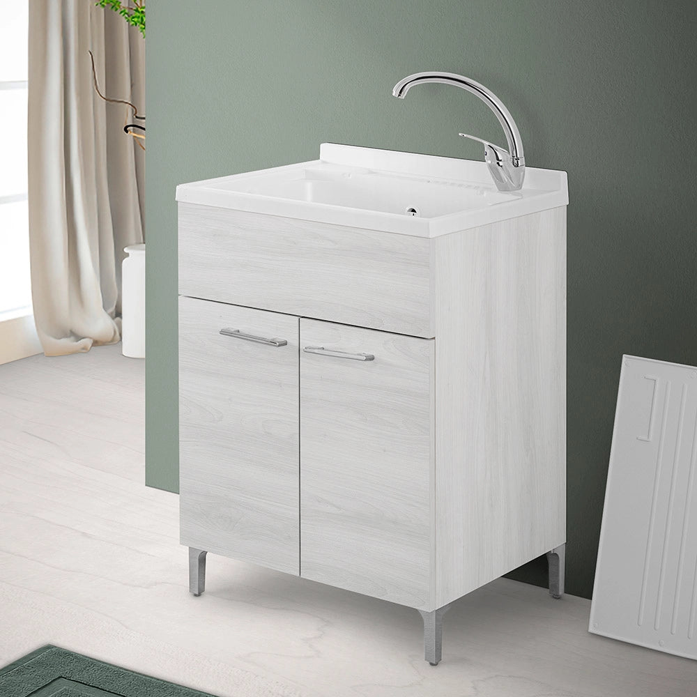Mobile lavatoio 60x60 cm 2 ante rovere bianco con vasca in resina, asse lavapanni e kit di scarico