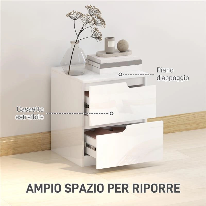 COMODINO MODERNO IN LEGNO CON 2 CASSETTI E DESIGN LUCIDO 40X40X48 CM BIANCO