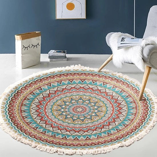 Tappeto Vintage Boho - Disegno Mandalico - Lavabile - Tessuto a Maglia - Manuale - Circolare - 60 cm - Con Pennelli - Tappeto da Soggiorno