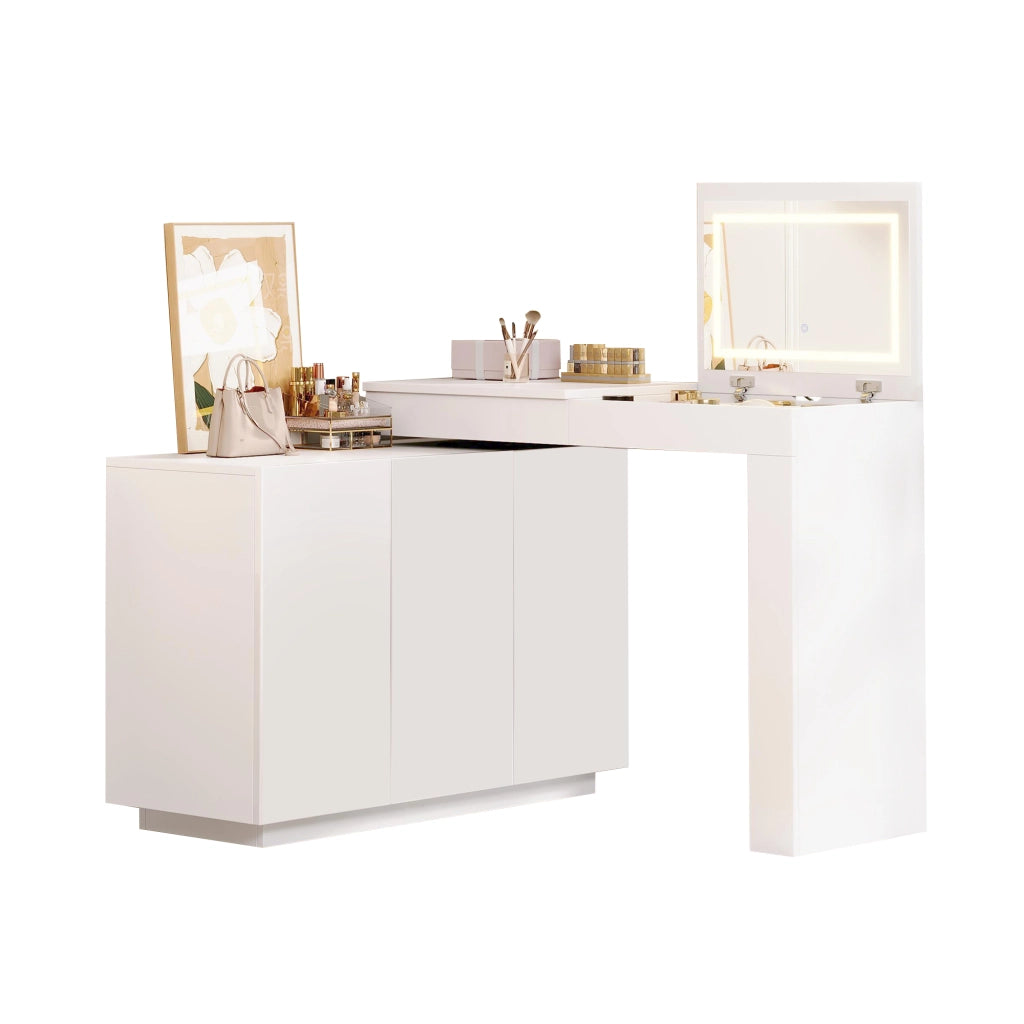 Tavolo da trucco angolare girevole con specchio LED, piano lucido bianco, 100¡Á40¡Á80 cm