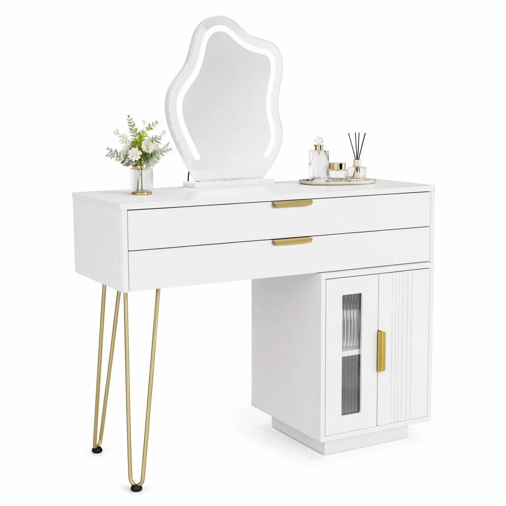 Toeletta bianca con specchio LED a 3 luci, due cassetti e design scorrevole