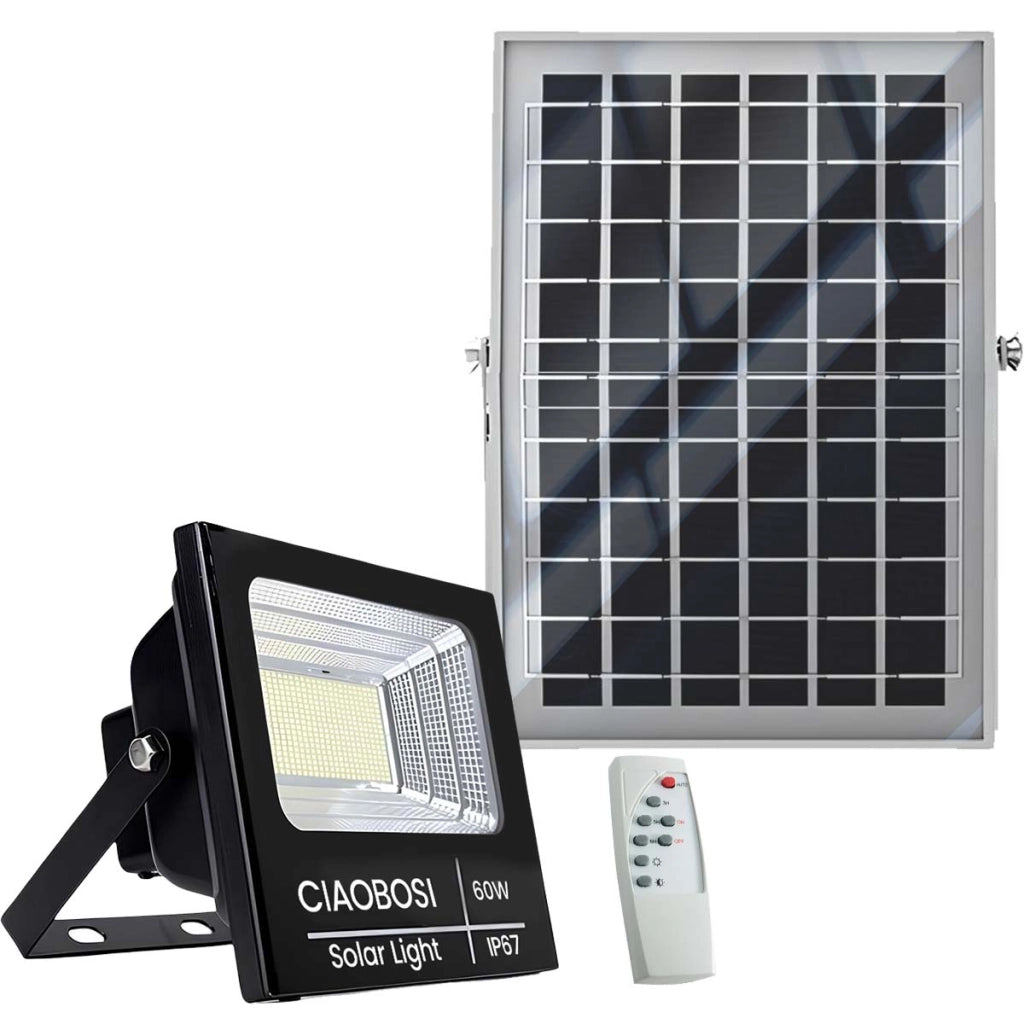 Proiettore Solare LED 60W IP67 con Pannello Solare Separato e Telecomando Nero trasparente Avizar