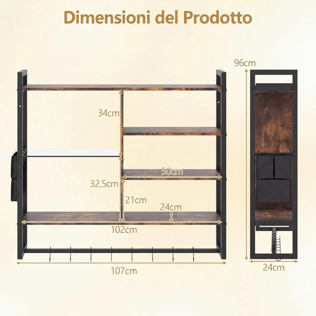 Mensola da Parete 107 cm, Scaffale a 6 Livelli con 8 Ganci a S e Tasca Laterale Rimovibile, Espositori per Bar Cucina Salotto Bagno