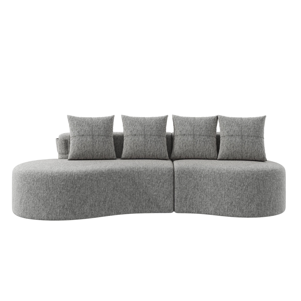 Divano in lino grigio chiaro con 4 cuscini, portabicchieri e tasche laterali, 240x109x60 cm