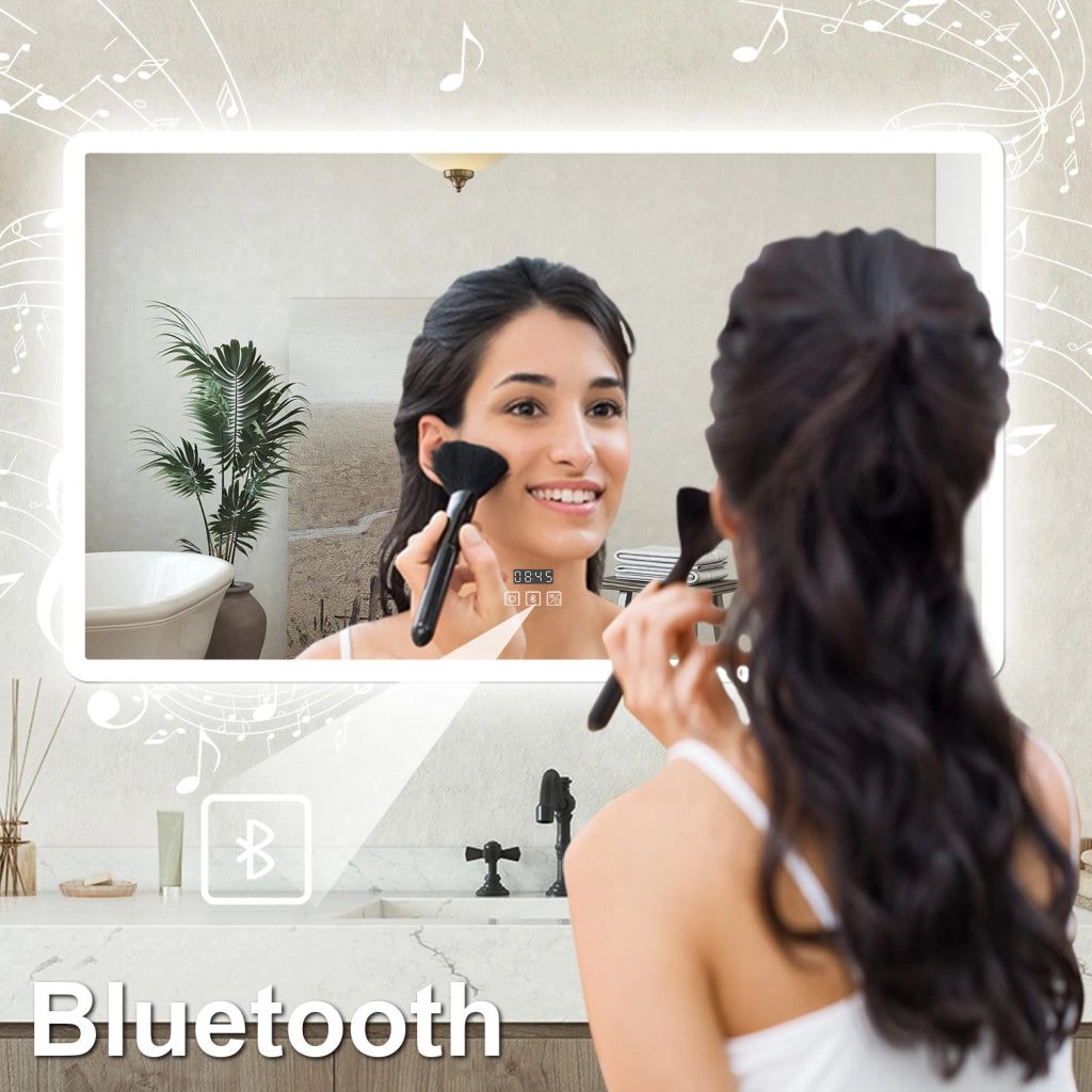 Specchio bagno Rettangolare 120x70cm Led Con 3 Luci Bluetooth + Orologio + Antiappannamento