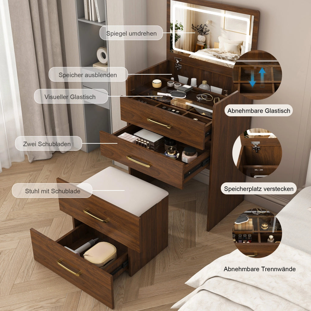 Tavolo da toeletta 3-in-1 con specchio aperto; piano vetro trasparente; 3 cassetti; compatto per camera; Bianco; B60×H118×P40cm
