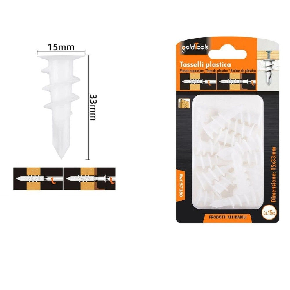 Trade Shop - Set 15 Pezzi Tasselli In Plastica Tassello Fischer Fissaggio Viti 15x33mm 57180 -