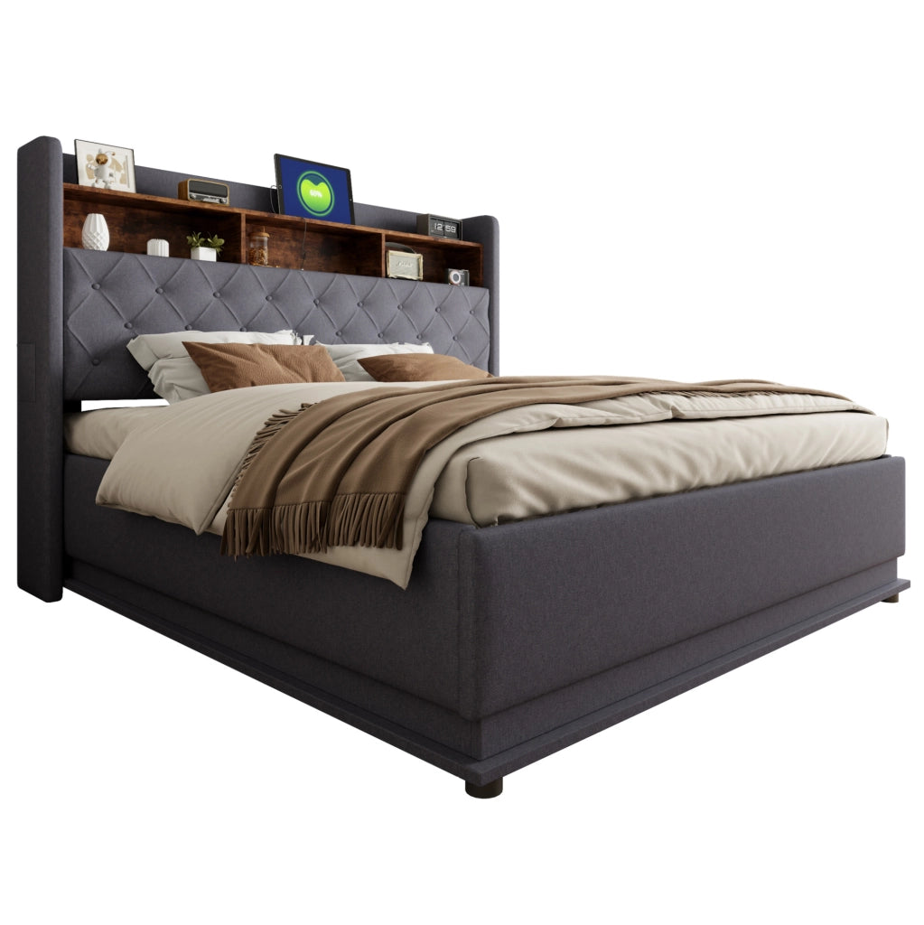 Letto imbottito 180x200 cm con LED multicolore e USB; lino; grigio