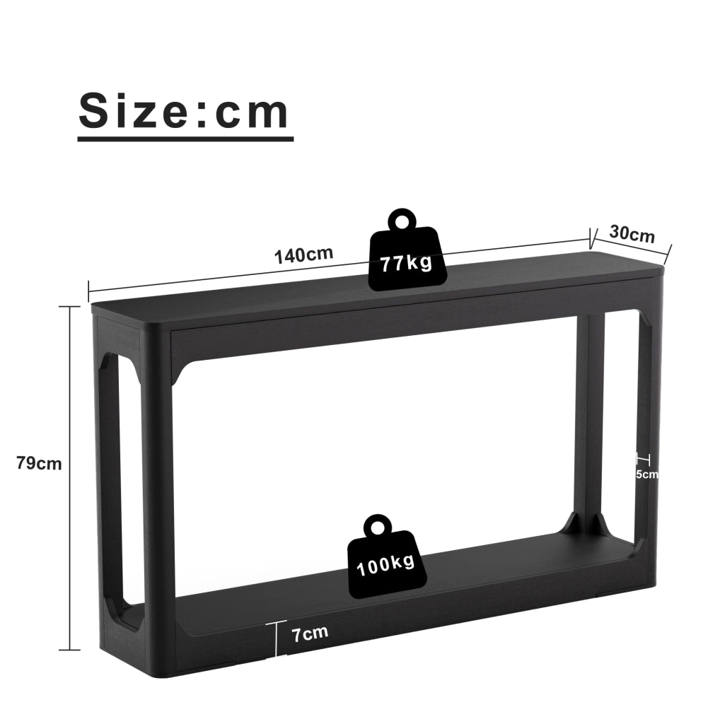 Tavolo consolle 140x30x79 cm nero, 2 ripiani, MDF, design compatto
