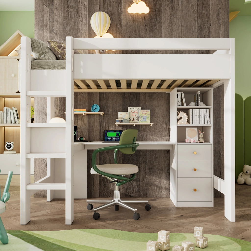 OKWISH Letto a Soppalco 90×200 cm, Letto Singolo con Scrivania ad L, 3 Mensole, 3 Cassetti, USB e Tipo C, senza Materasso, Legno, Bianco