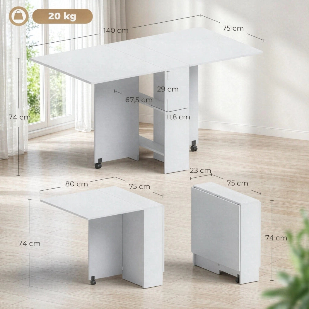 TAVOLO da Pranzo Pieghevole con Ruote 75x140 cm Bianco