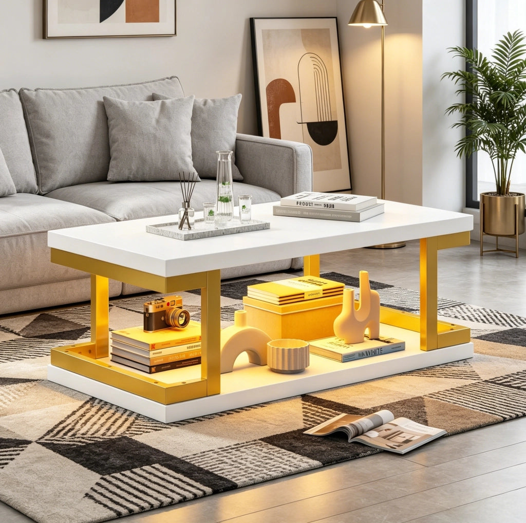 Tavolino da caffè rettangolare 100x50x37;5 cm bianco e oro con LED; MDF e metallo
