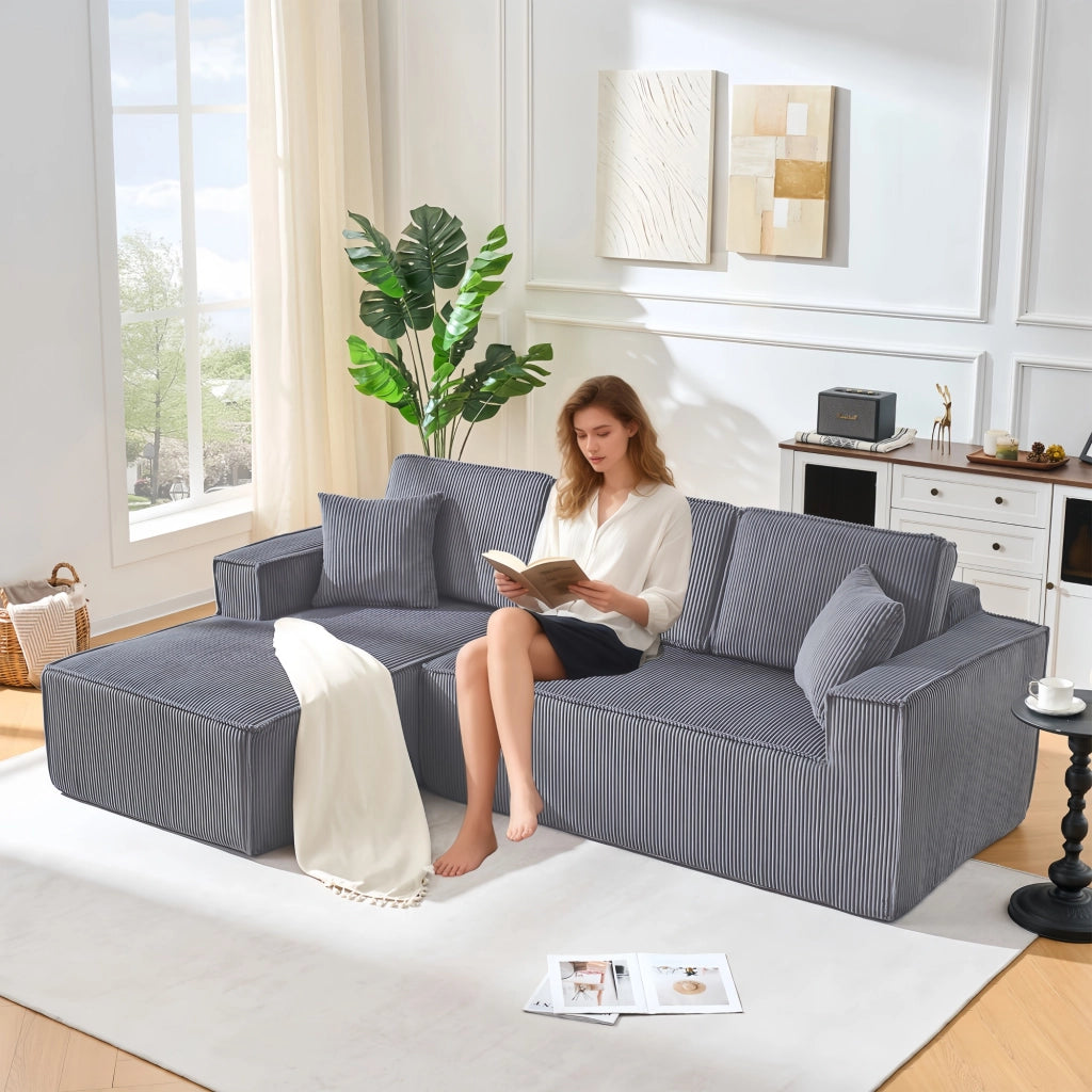 Divano angolare modulare 2 posti con chaise longue in velluto a coste grigio per soggiorno