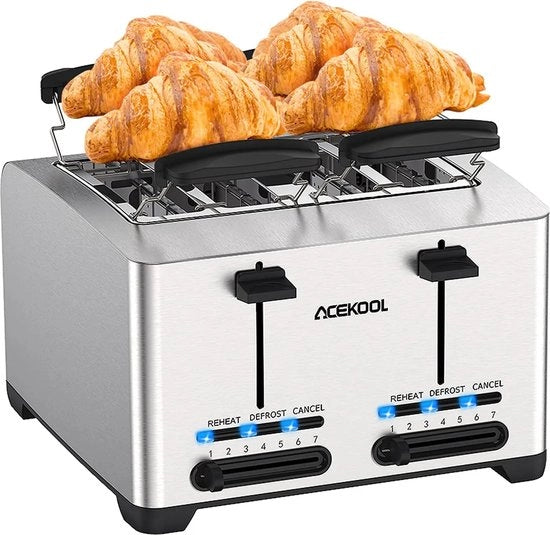 Toaster a 4 fette - Slitta per pane extra larga - 7 livelli di cottura - 1500W - Comando separato per cottura e tostatura - Funzione di riscaldamento
