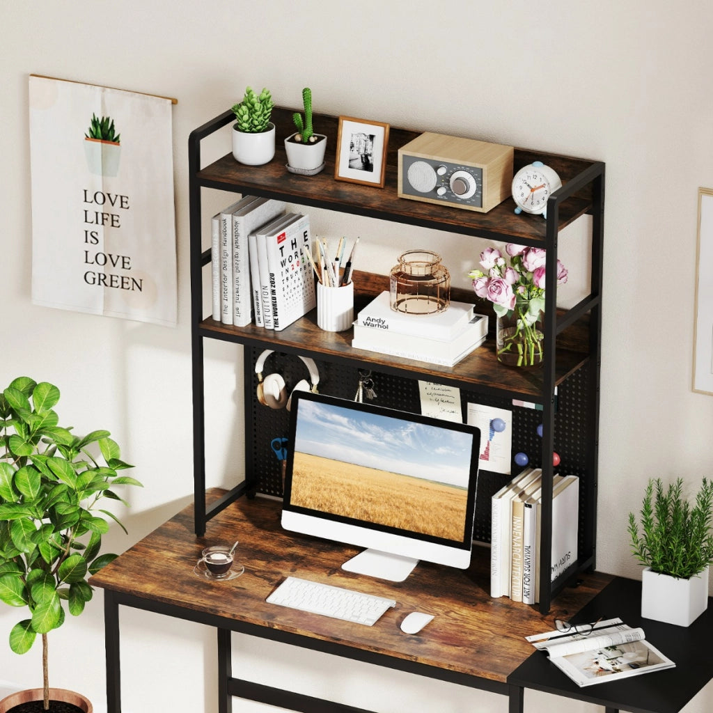 Organizzatore di stoccaggio per monitor di computer fino a 32", Mensola da scrivania a 2 livelli con pegboard Marrone-Scaffali e librerie