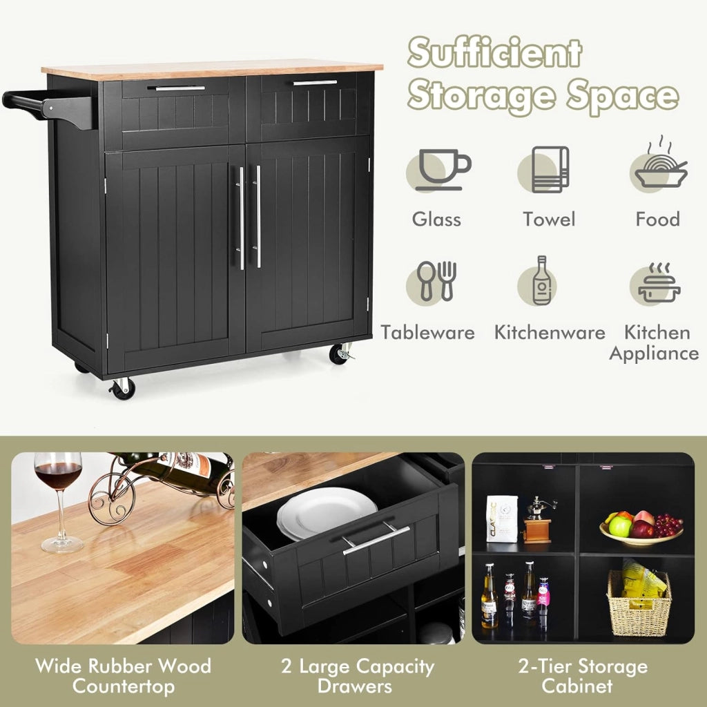 Carrello da Cucina in Legno con Piano di Lavoro, Armadio da Cucina su Ruote, Carrello da Portata con Portasciugamani e 2 Cassetti, Isola da Cucina Mobile, 3 Colori