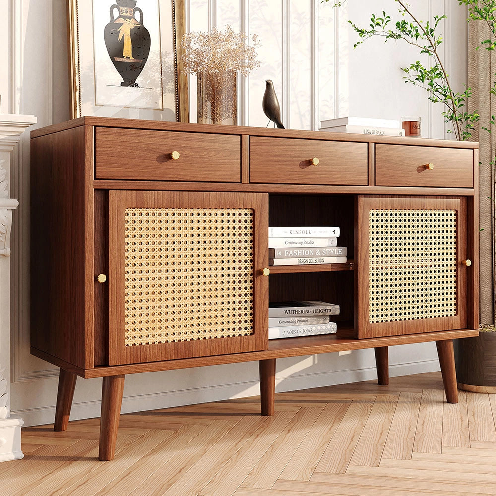 Buffet commode con facciate in rattano - Xylo - Marrone - Maniglia in metallo dorato ripiani regolabili