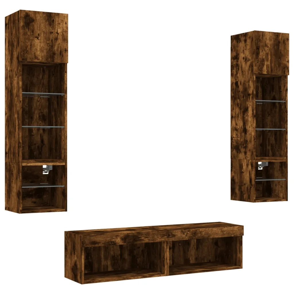 Mobili TV a Muro con LED 6pz | Armadietto TV | Mobile Porta TV Rovere Fumo in Legno Multistrato
