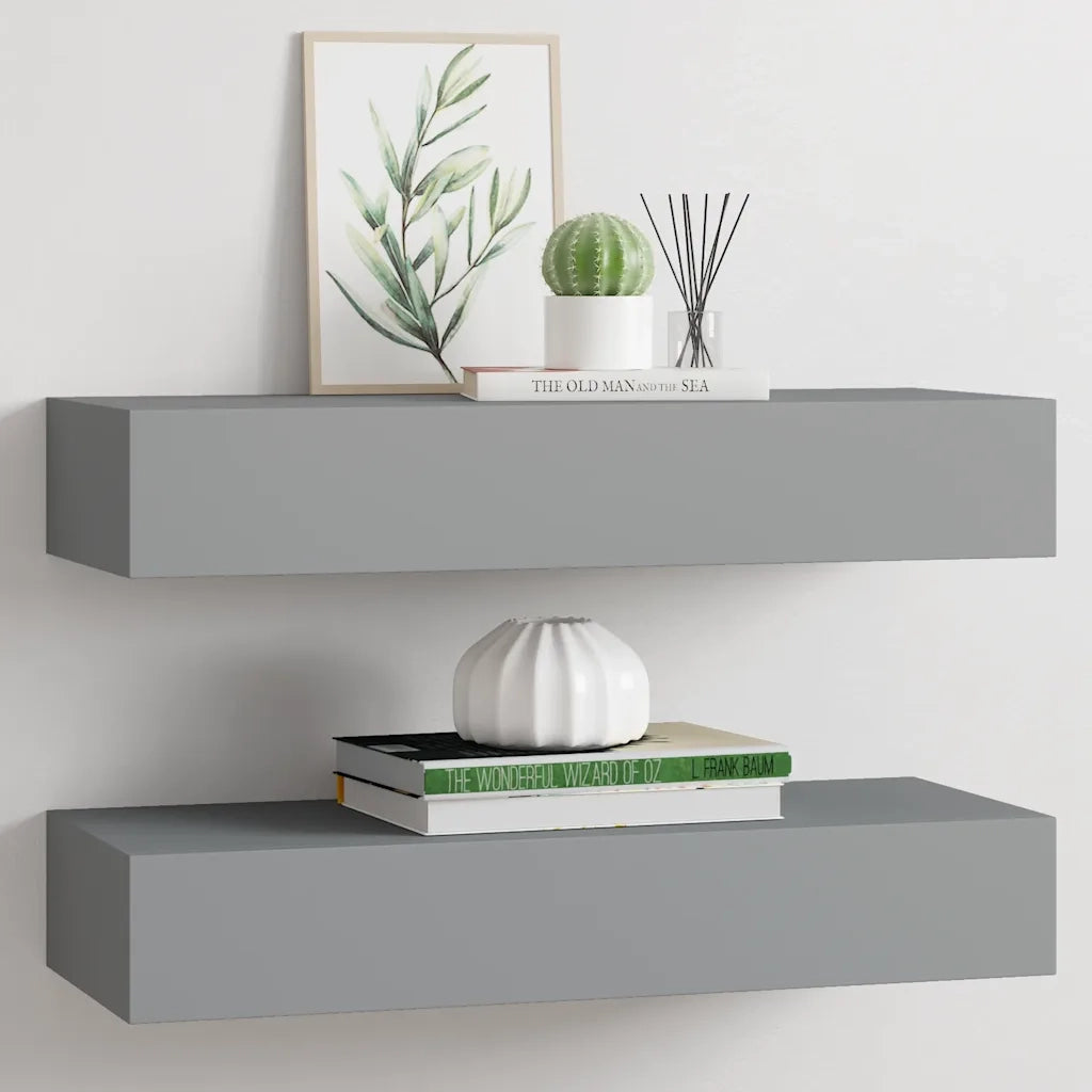 2 pz Scaffali con Cassetti da Parete | Mensola sospesa Grigi 60x23,5x10 cm MDF