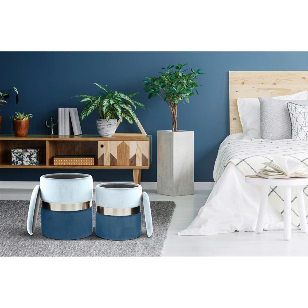 Set di 2 pouf contenitori Zora in velluto azzurro e argento